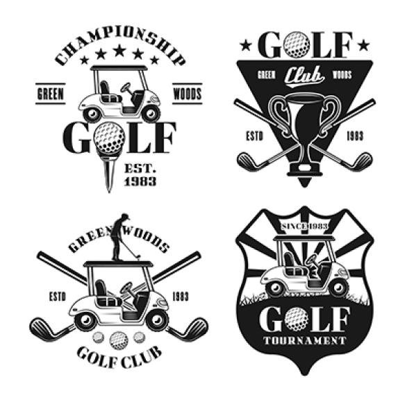 Set Four Golf Vector Monochrome Emblems Badges Labels Logos Vintage Style Isolated White Background